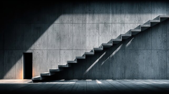 Modern concrete staircase architecture with minimalist design and urban aesthetic showcasing geometric shadows and industrial style in contemporary construction