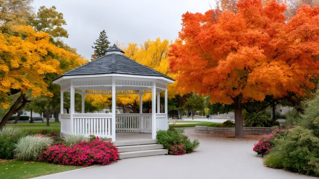 White gazebo in park with autumn trees