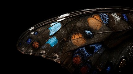 Captivating macro close-up of butterfly wing. Iridescent blue and orange scales, intricate texture, and water droplets on dark background. Nature's fragile beauty.