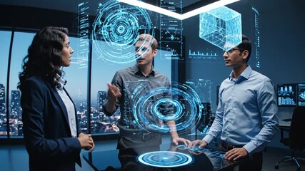Diverse team of engineers collaborating on a futuristic holographic interface. - Powered by Adobe