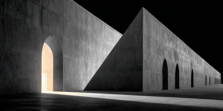 Modern concrete architecture featuring minimalist design with striking geometric structure, impressive urban building, dramatic shadow play, and sleek exterior aesthetic