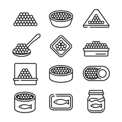 caviar icons vector pack 12 black and white line art seafood tins jars spoons and containers for packaging design