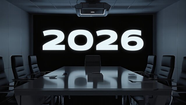 Large White 2026 Numbers Projected In Dark Conference Room. Business Planning And Corporate Vision Presentation Setup