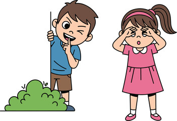 Smiling kids in Christmas outfits holding gifts, candy cane, and ornaments celebrating festive winter holiday in cheerful cartoon style illustration.