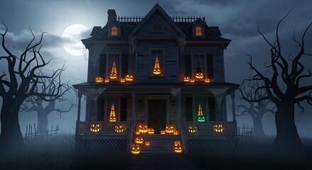Spooky Old House On Halloween Night With Jack O Lanterns
