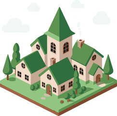 Vector illustration of a cartoon country house with green trees in a summer landscape