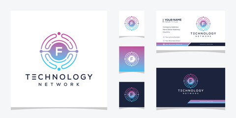 Initial letter f digital technology network logo design, circle symbol icon concept, business card vector template