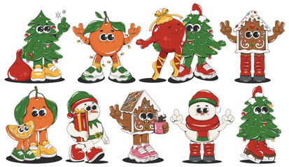 Groovy Retro Christmas Characters. Snowman, Tree, Tangerine, Gingerbread House. Cartoon Collection.