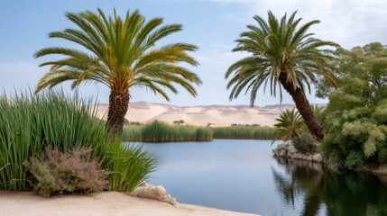 Fototapeta premium Oasis lake with palm trees and sand dunes
