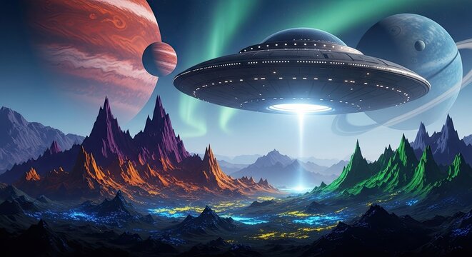 Alien Spacecraft Descends Upon Vibrant Alien Planet Under Colorful Aurora Sky