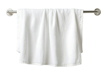 Clean white towel hangs neatly on a silver towel rack in a bathroom setting for hygiene and comfort on transparent background