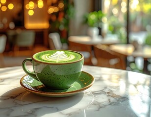 Savoring a vibrant matcha latte with intricate art, a perfect moment of calm and indulgence in a modern cafe setting.