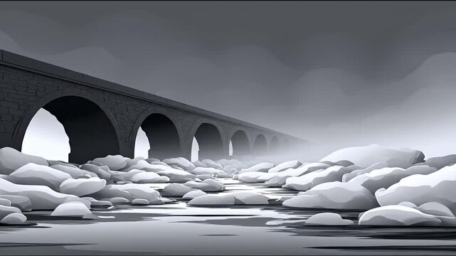 Stone bridge spanning river in monochrome environment illustration