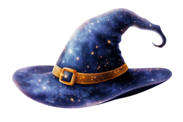 Detailed witch hat with a galaxy design and gold buckle perfect for halloween or fantasy illustrations on transparent background