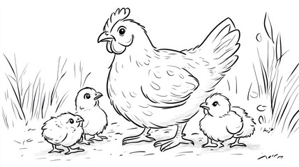 Obraz premium Mother hen with chicks in grassy field. Illustration