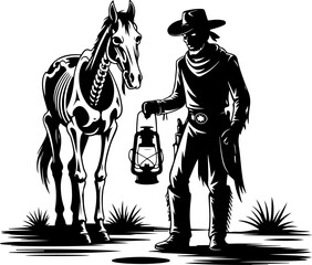 Cowboy with skeleton horse and lantern, a western-themed illustration