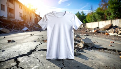 Blank white tshirt mockup on damaged road and urban background.
