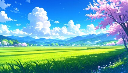 Stunning anime landscape bursts with vibrant spring colors, showcasing rolling green fields, majestic mountains, and delicate cherry blossoms under a bright blue sky, Anime style