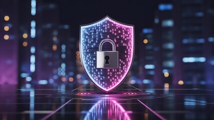 Cybersecurity shield with padlock representing data protection and digital security online