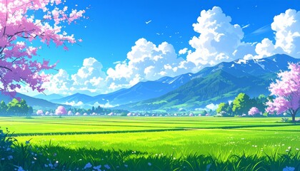 Stunning anime landscape bursts with vibrant spring colors, showcasing rolling green fields, majestic mountains, and delicate cherry blossoms under a bright blue sky, Anime style