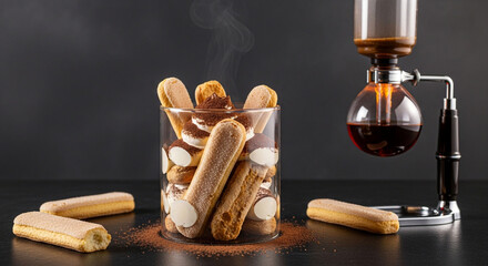 A delicious tiramisu dessert is presented in a glass with ladyfingers and cocoa powder, next to a siphon coffee maker.