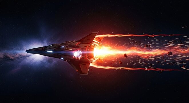 Epic Space Battle Spaceship Warp Speed Through Asteroid Field