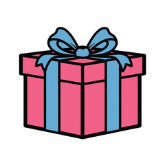 Pink gift box with blue ribbon and bow isolated on white background present