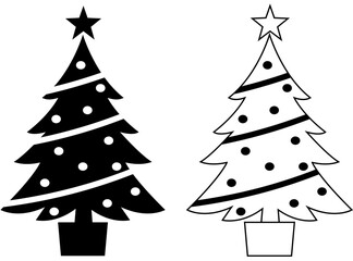 Christmas tree with baubles and tinsel design element in black silhouette and outline, Festive xmas graphic