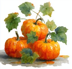 Vibrant watercolor illustration of three pumpkins with green leaves, showcasing rich textures and colors, perfect for autumn-themed designs and seasonal decorations