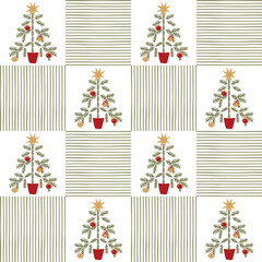Retro Christmas tree checkered seamless pattern. Hand drawn winter holiday plaid design, geometric wallpaper, stripes and fir tree, vintage repeat background. Vector festive textile design, wrap paper