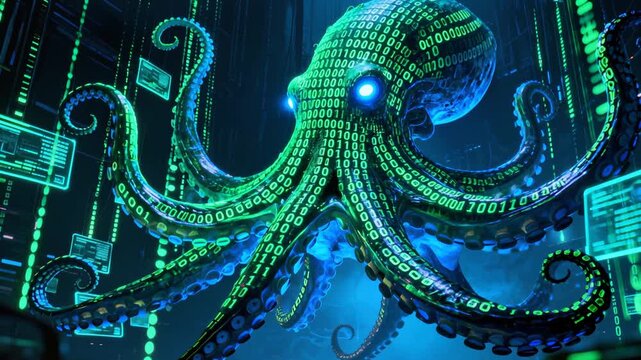 Luminescent digital octopus entity constructed from interconnected binary patterns, radiating intelligent complexity through glowing azure eye amid pulsing green data streams