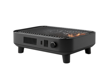 Modern black electric grill with sleek design and visible heating element for indoor or outdoor cooking on transparent background