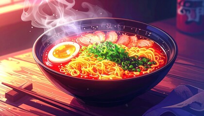 Steaming hot bowl of delicious ramen noodles with perfectly cooked egg, tender meat slices, and fresh green onions, a vibrant culinary delight, Anime style