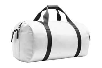 Stylish white duffel bag with black straps perfect for gym travel or weekend getaways on transparent background