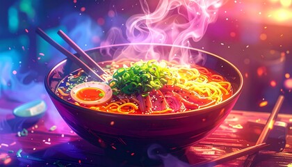 Steaming hot bowl of delicious ramen noodles with perfectly cooked egg, tender meat slices, and fresh green onions, a vibrant culinary delight, Anime style