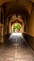 Fototapeta premium Charming Italian Alleyway - A Glimpse into History and Architecture.