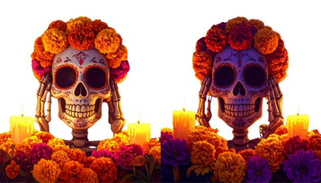 Colorful Sugar Skull with Flowers and Skeleton Hands – Day of the Dead Celebration