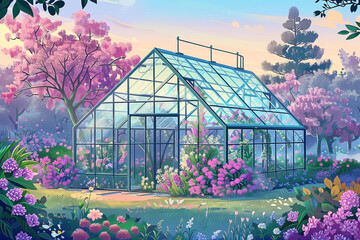 Captivating greenhouse nestled amidst blooming flora and serene landscape painting