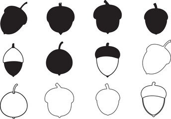 Collection of hand drawn acorn silhouettes and outlines in various styles on white background © Vector ForceX