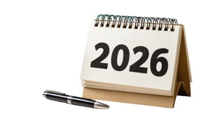 2026 desk calendar upright with pen and textbooks on transparent background