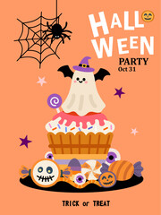 Cute Halloween Party Invitation Cards with Cupcakes and Candy — Flat vector set of cute Halloween party invitation cards featuring spooky cupcakes, candies, ghosts, pumpkins, spiders, Etc