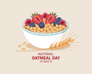 National Oatmeal Day vector. Bowl of oatmeal with berries icon vector. Healthy cereal breakfast with fruits icon vector. Oat flakes breakfast design element. October 29.