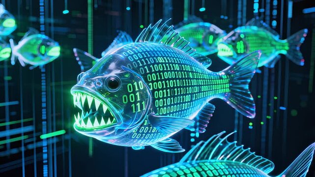 Aggressive digital fish with glowing binary code patterns swimming through dark technological landscape. Futuristic visualization of interconnected data streams and virtual marine environment.