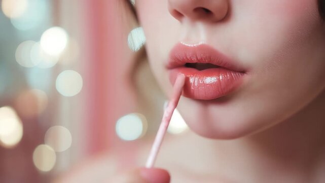 Close-up of young woman applying nude pink lip gloss with soft lighting and bokeh background &ndash; video for beauty tutorials, skincare branding, and cosmetic product ads