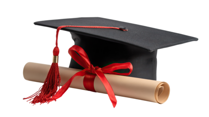 Graduation cap with rolled diploma tied with red ribbon on transparent background