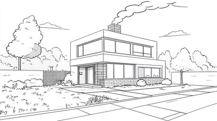 Modern house sketch, suburban landscape, smoke coming from chimney, illustration for architecture design, use for architectural plan
