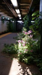 Abandoned urban subway overgrown with greenery and pink flowers