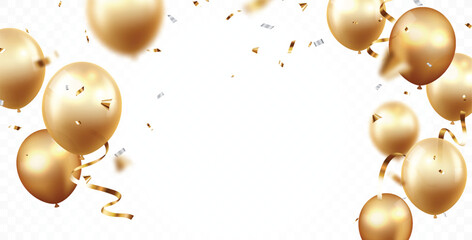Flying celebration banner with gold confetti and balloons