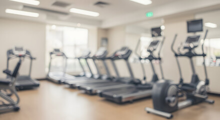 Blurred background of modern gym interior with rows of cardio equipment