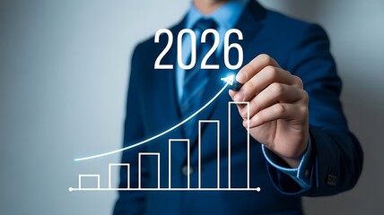 A businessman drawing a growth chart with 2026, symbolizing business success and financial forecast
